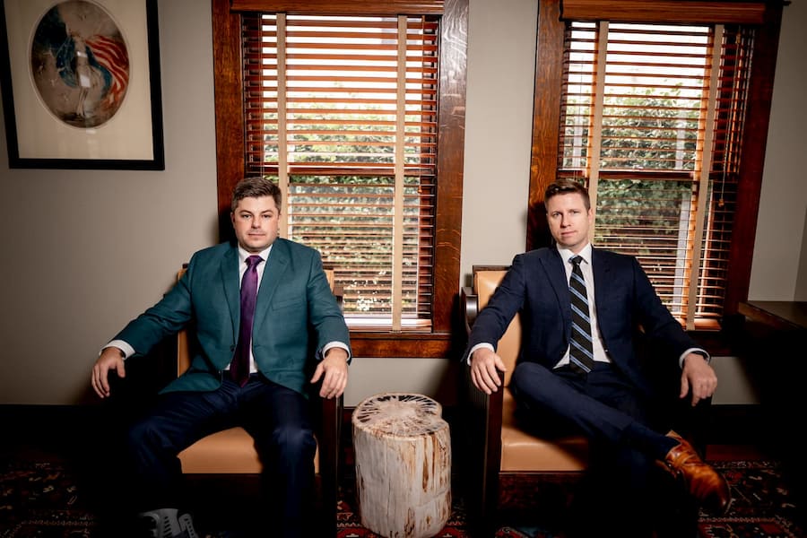The co-founders of Gibson Hill Personal Injury in the firm's Houston office: Ty Gibson, left, and Brett M. Hill, right